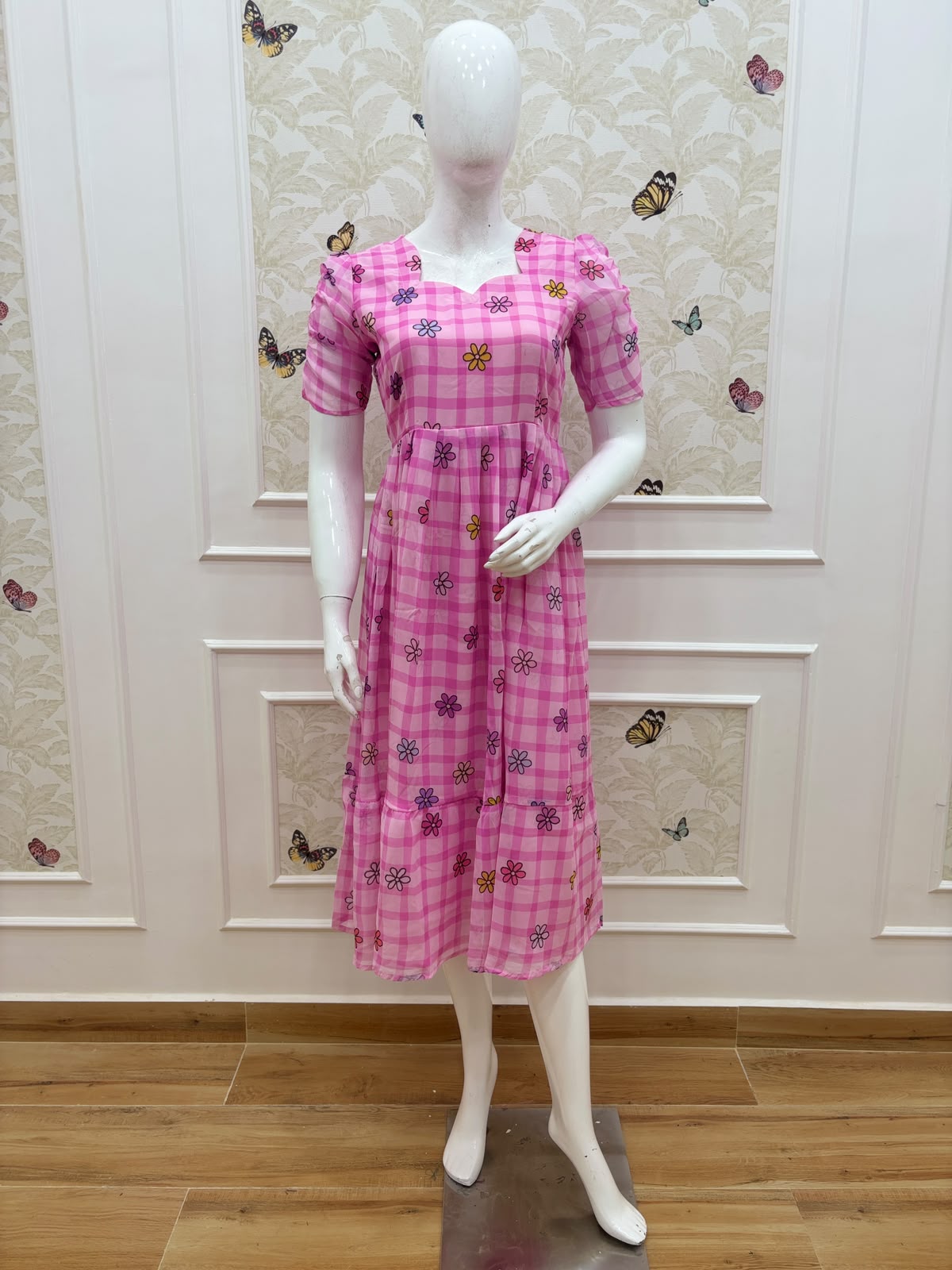 Checked Pink Bloom Printed Georgette Non Feeding Maxi