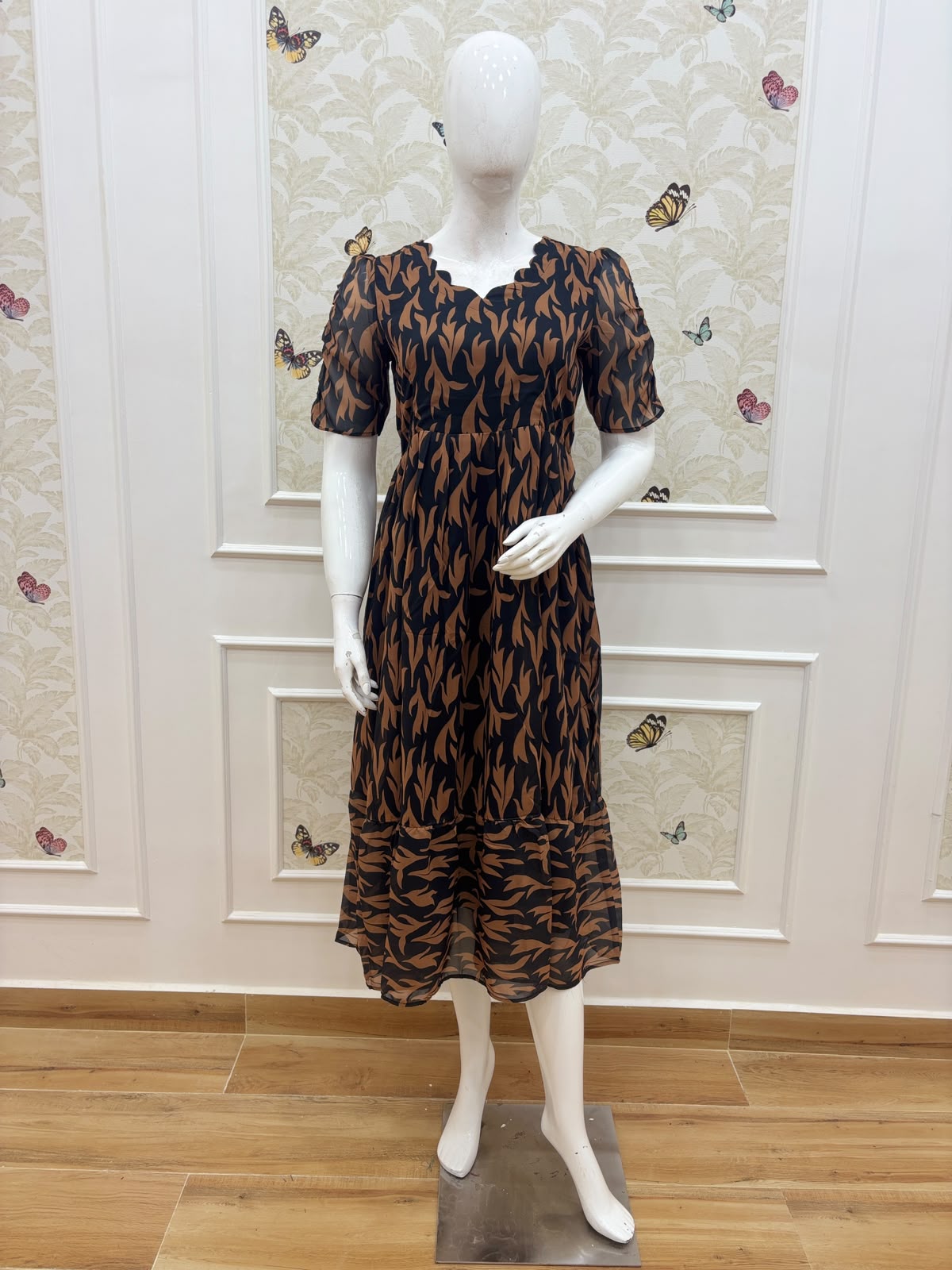 Brown Leafy Printed Georgette Non Feeding Maxi