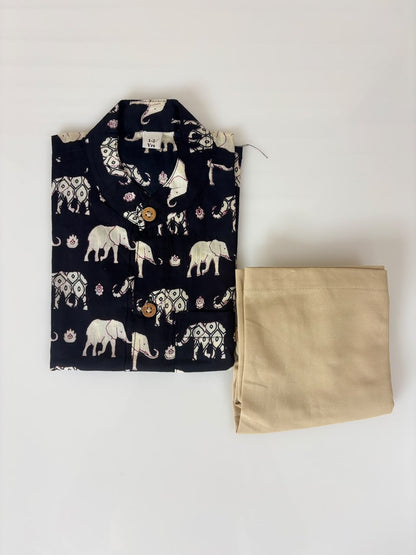 Black traditional elephant printed boys outdoor wear set