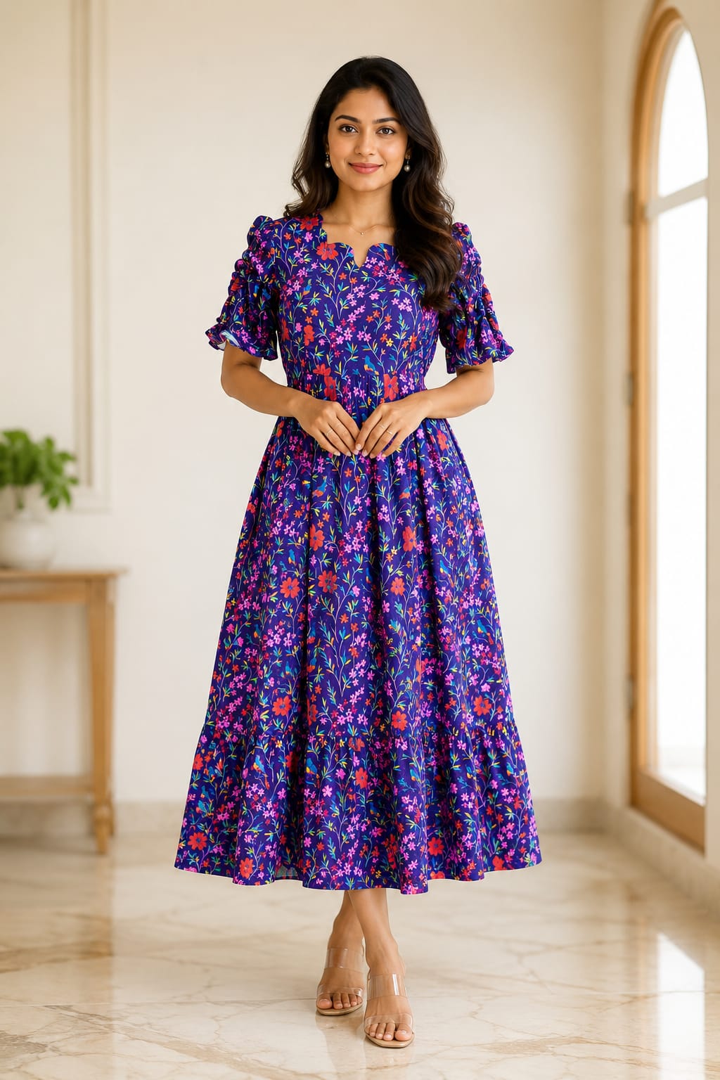 Navy Floral Printed Blended Cotton Feeding Maxi