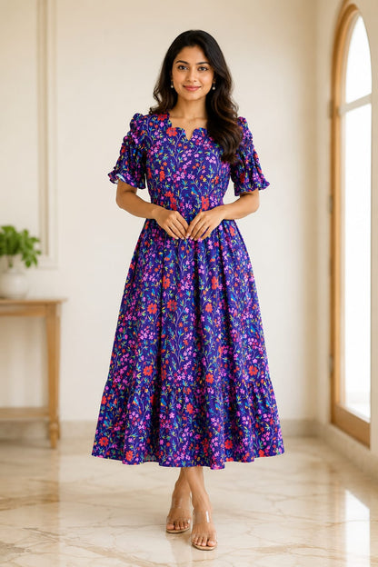 Navy Floral Printed Blended Cotton Feeding Maxi