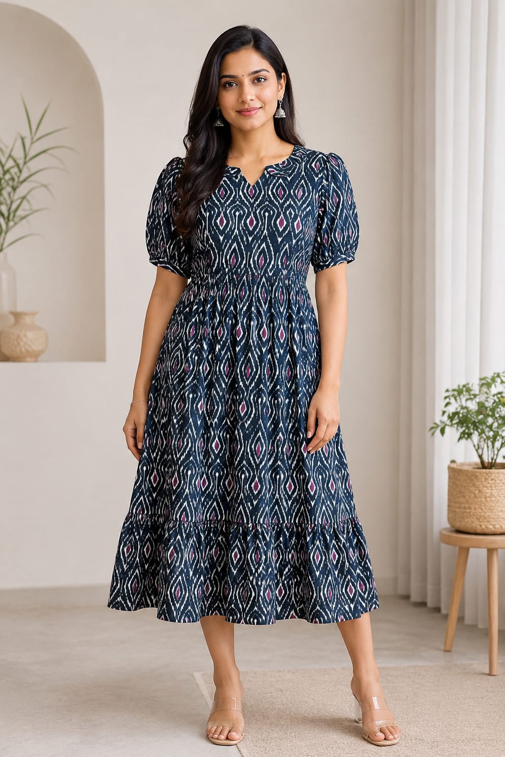 Black Ikat Printed Blended Cotton Feeding Maxi
