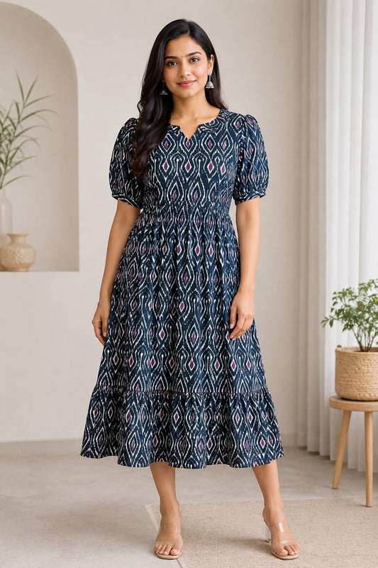 Black Ikat Printed Blended Cotton Feeding Maxi