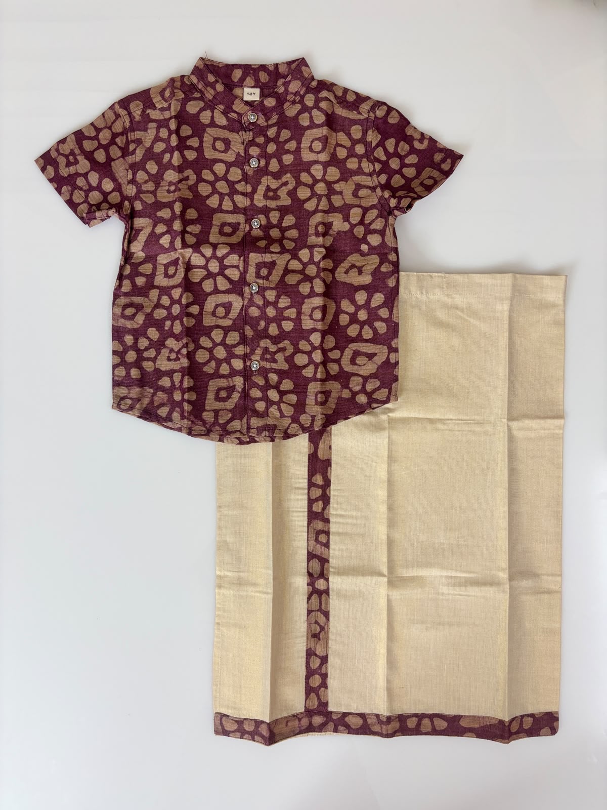 Maroon Geometric Printed Boys Ethnic Shirt and Dhoti Set