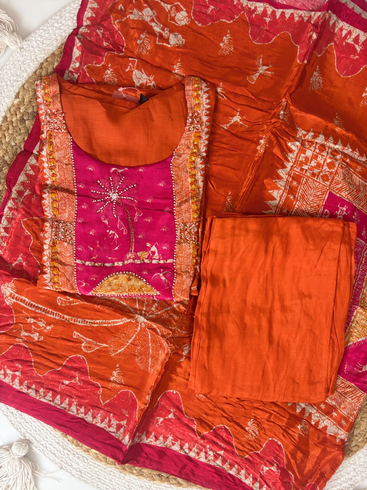 Elegant Butter Crepe Rust Orange Magenta Ethnic Printed 3 Piece suit