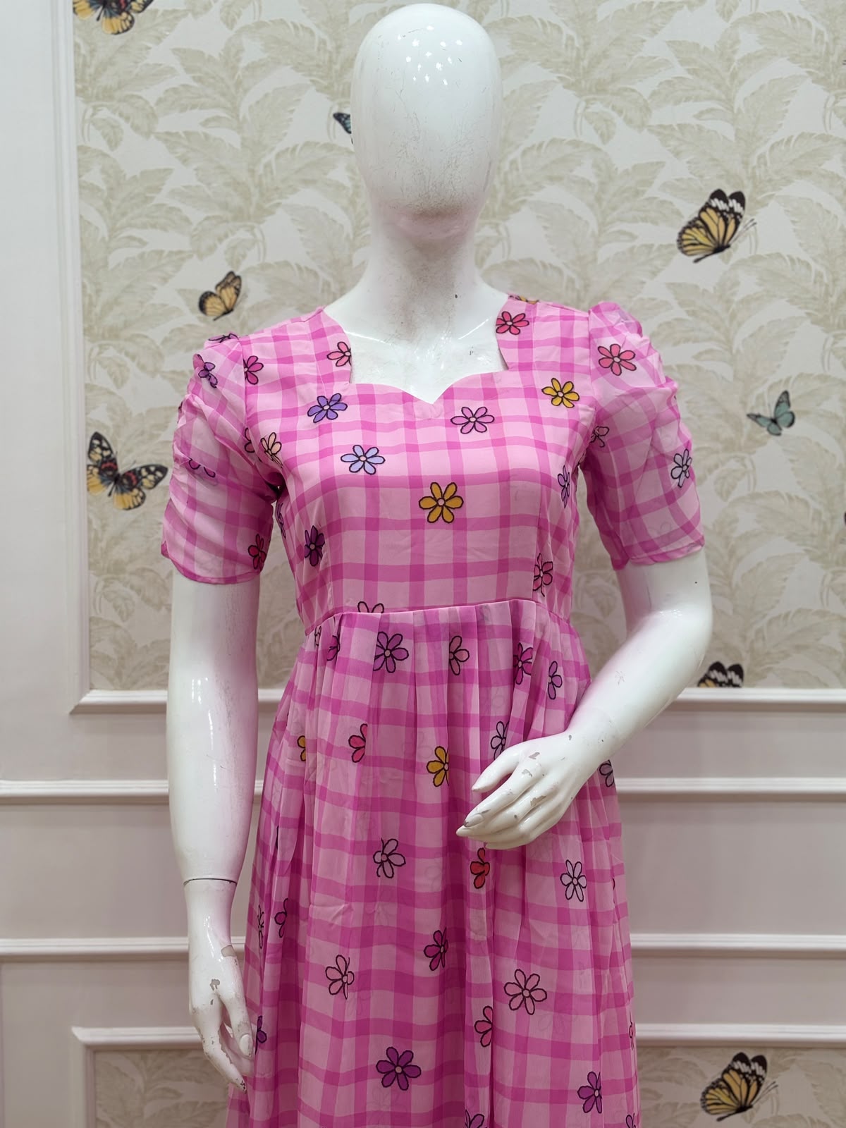 Checked Pink Bloom Printed Georgette Non Feeding Maxi