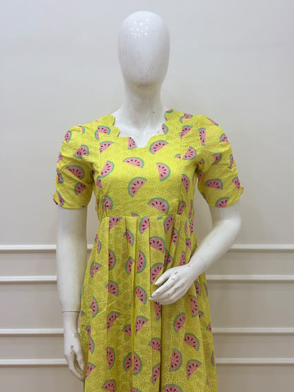 Yellow Watermelon Printed Hakoba Feeding Maxi