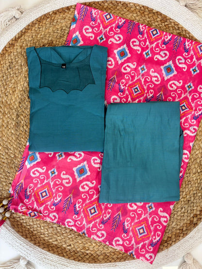 Steel Blue Solid Chanderi Suit With Pink Printed Dupatta