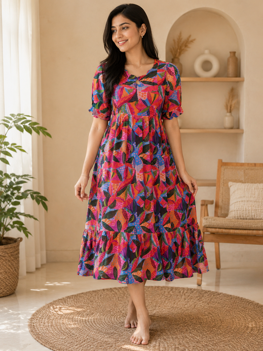 Floral Print Georgette Double Side Zip Feeding Maxi