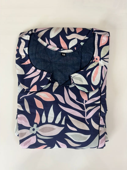 Navy Leafy Printed Blended Cotton Feeding Maxi