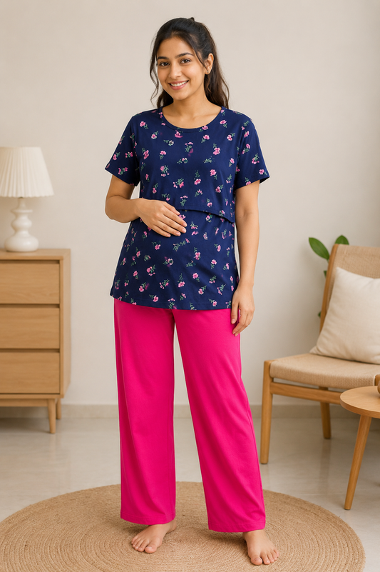 Navy Blue Floral Print Feeding T-Shirt with Hot Pink Palazzo