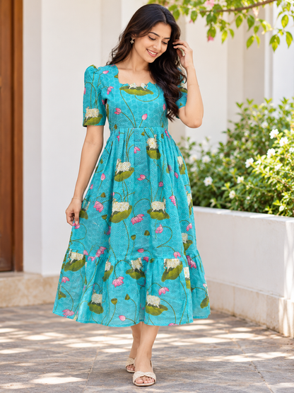 Blue Lotus Printed Hakoba Non-feeding Maxi