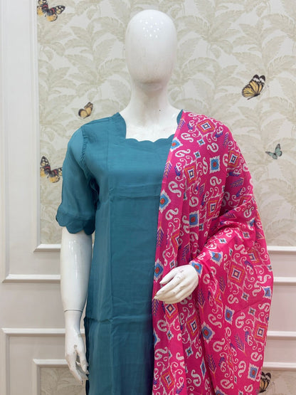 Steel Blue Solid Chanderi Suit With Pink Printed Dupatta