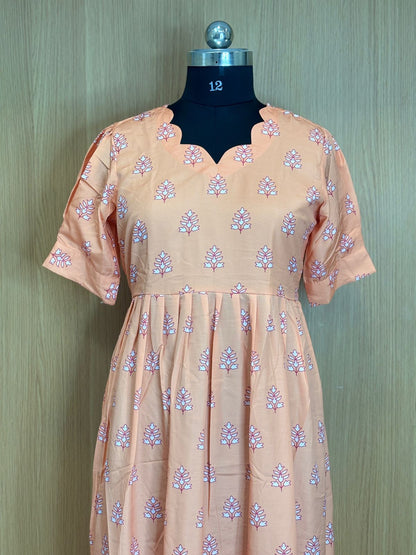 Peach Floral Printed Blended Cotton Non feeding Maxi