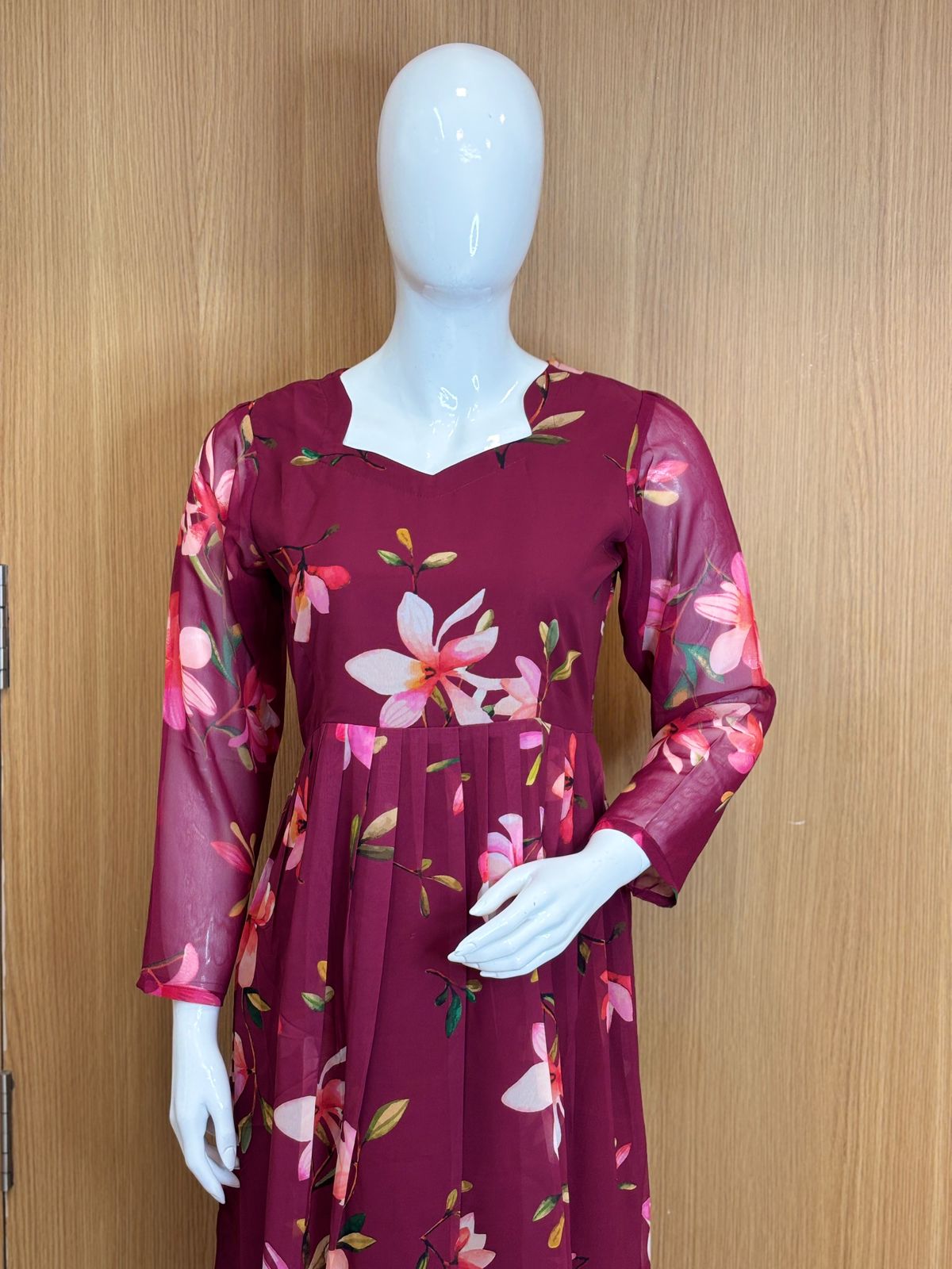 Maroon Floral Printed Georgette Outdoor Non-Feeding Maxi