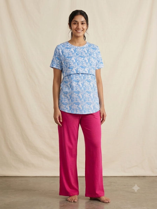 Royal Blue Abstract Print Feeding T-Shirt with Hot Pink Palazzo