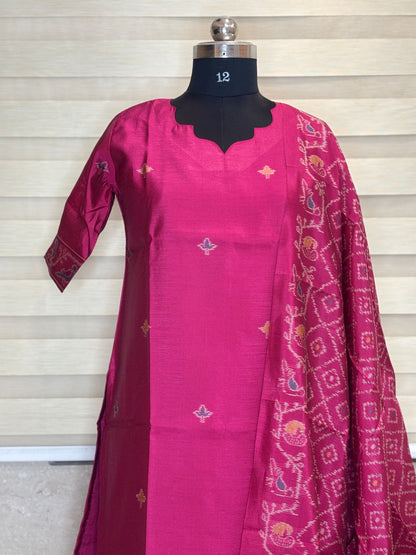 Elegant Rose Jamdhani Silk Kurti With Duppata 2 Piece Set