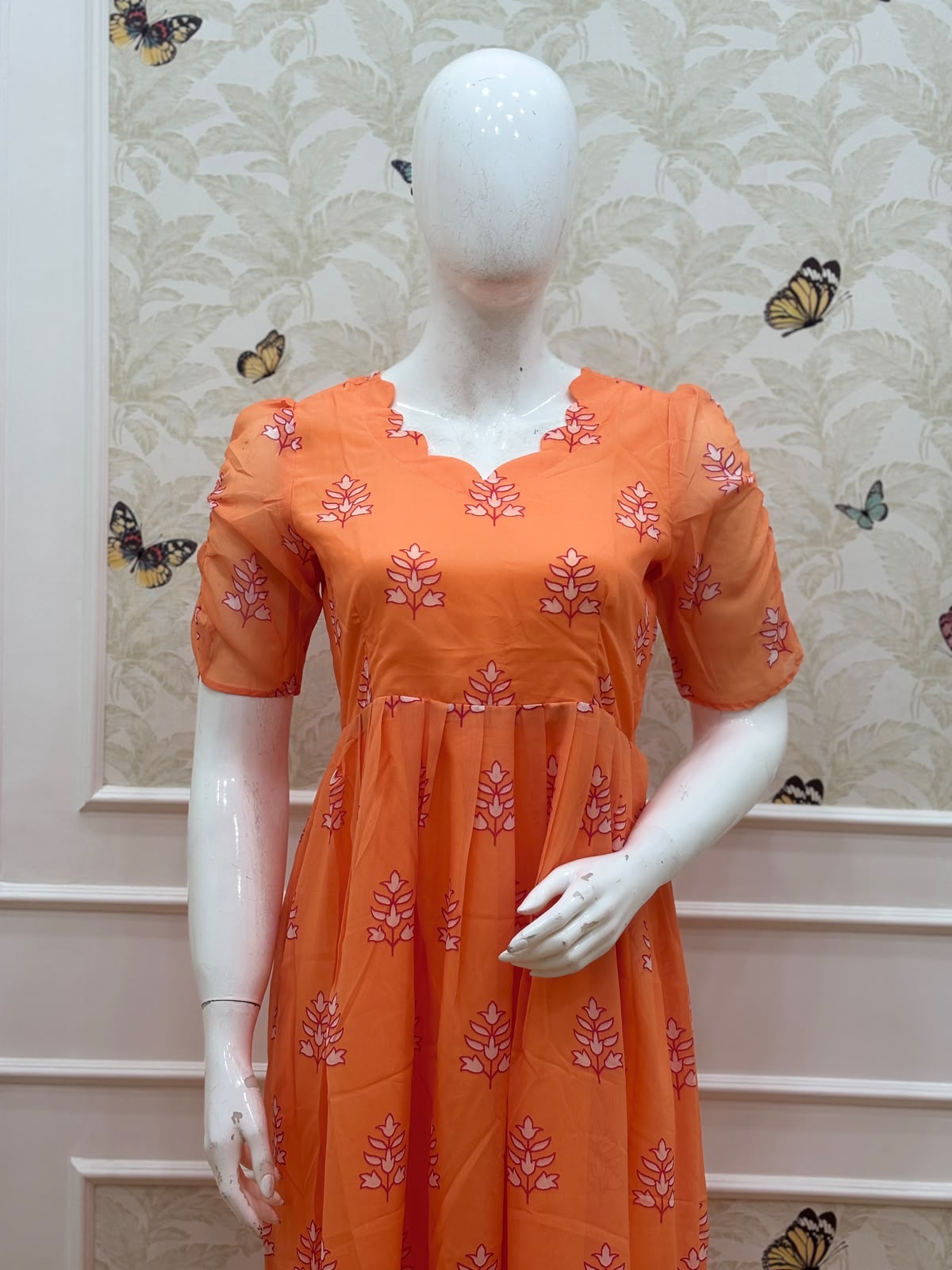 Orange Leafy Printed Georgette Non Feeding Maxi