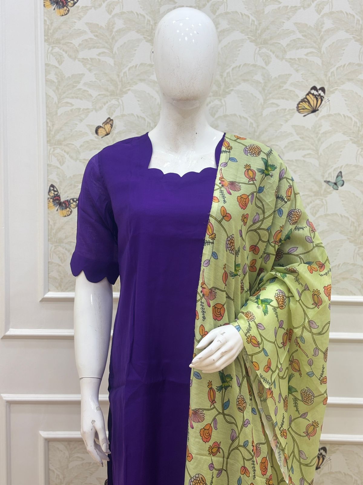 Violet Solid Chanderi Suit With Lime Green Printed Dupatta