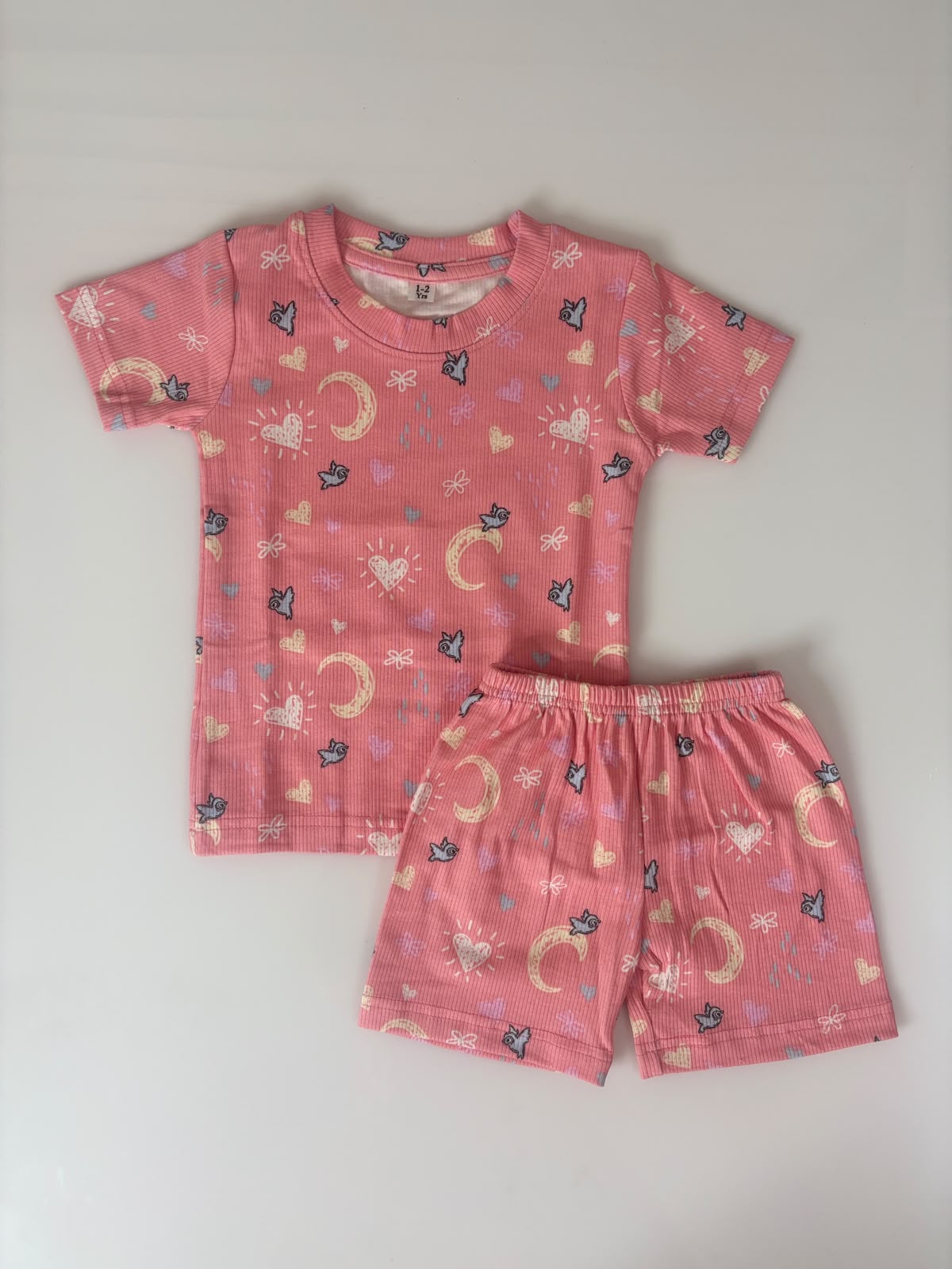 Moon and Heart Printed Kids Rib T-shirt and Shorts Set