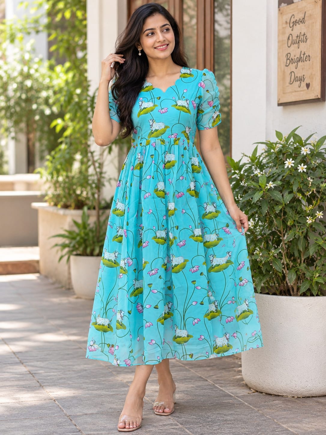 Blue Cow Printed Georgette Non Feeding Maxi