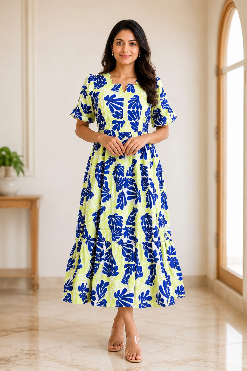 Lime Green and Royal Blue Floral Printed Blended Cotton Feeding Maxi