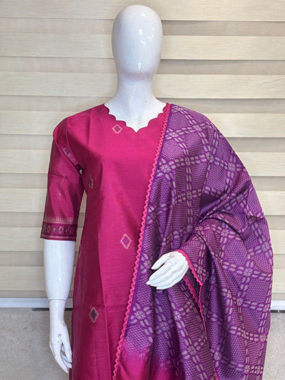 Elegant Rose Jamdhani Silk Kurta Set With Duppata