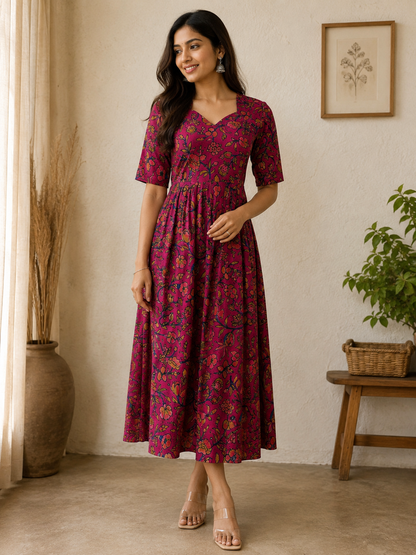 Berry Pink Floral Vine Kalamkari Feeding Maxi