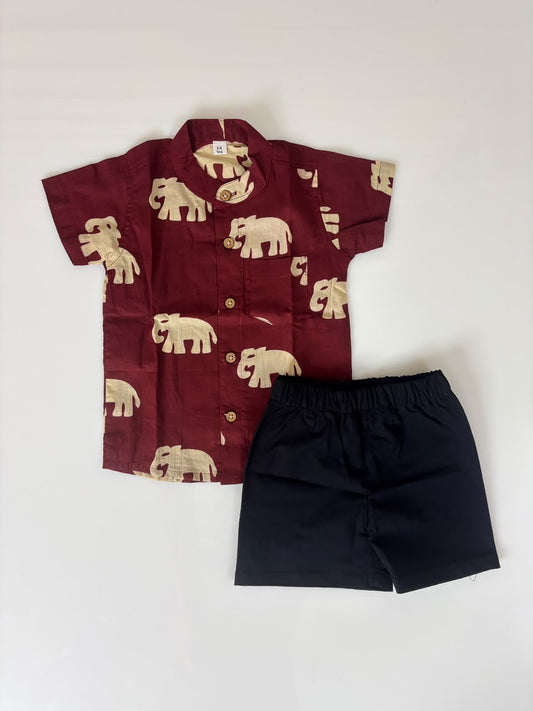 Maroon elephant printed boys outdoor wear set