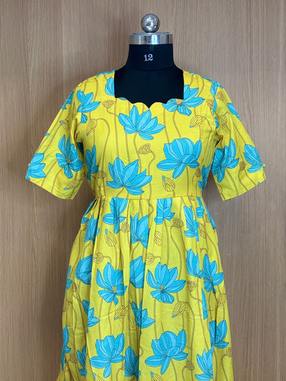 Yellow With Blue Floral Printed Blended Cotton Non Feeding Maxi
