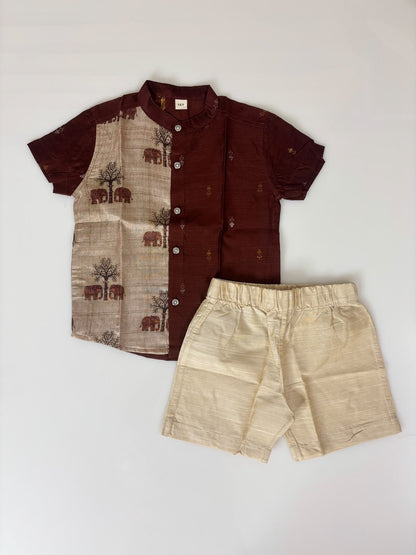 Traditional Elephant Printed Kids Ethnic Shirt and Shorts Set