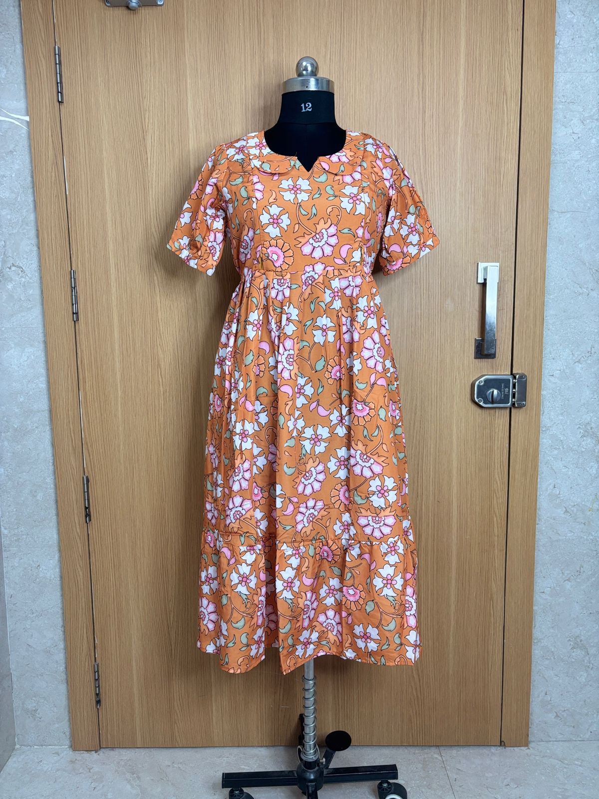 Orange Floral Blended Cotton Feeding Maxi