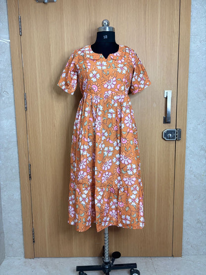 Orange Floral Blended Cotton Feeding Maxi