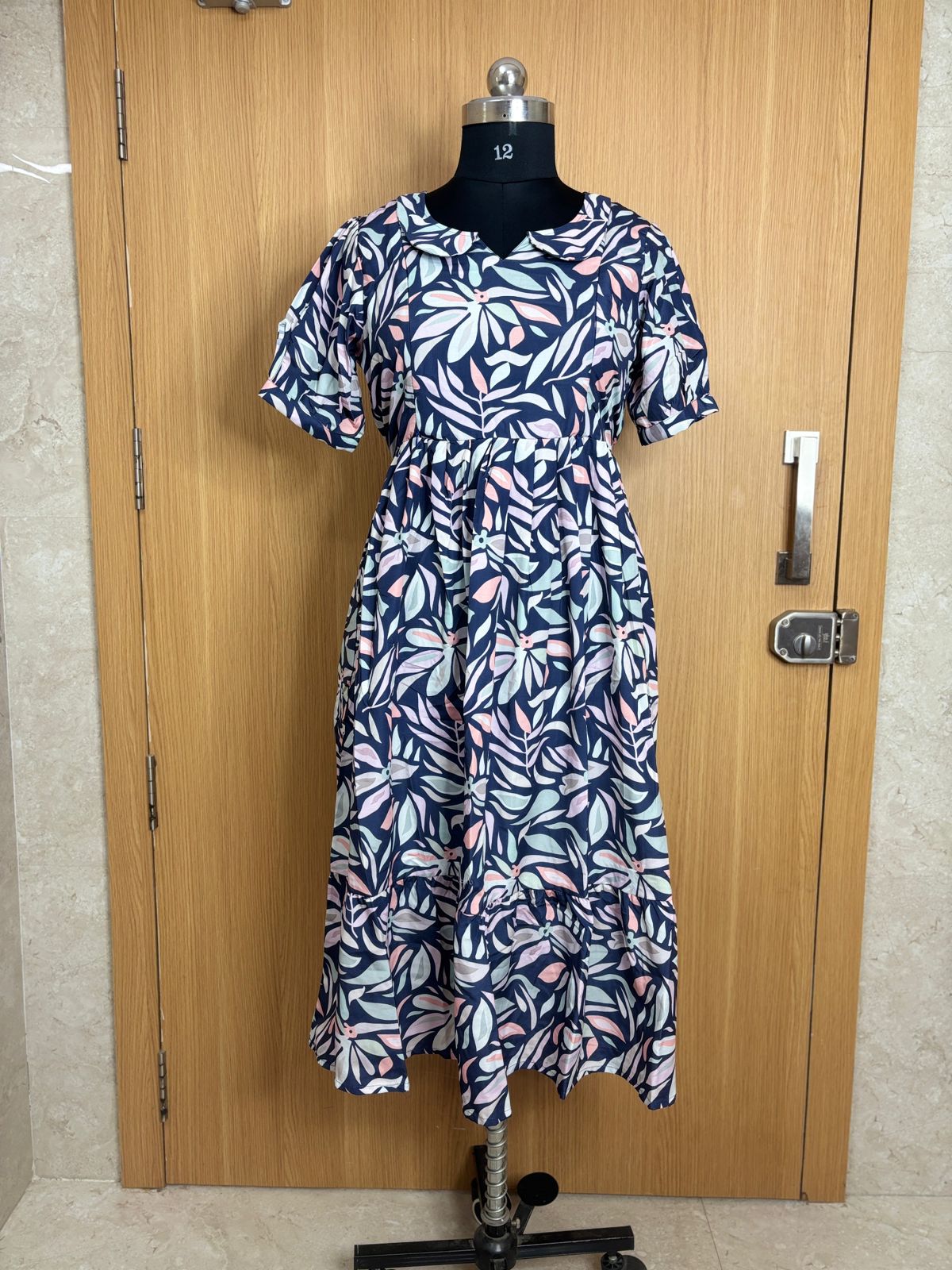 Navy Leafy Printed Blended Cotton Feeding Maxi