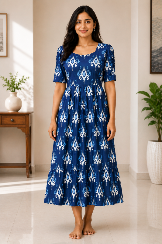 Royal Blue Ethnic Printed Blended Cotton Non Feeding Maxi