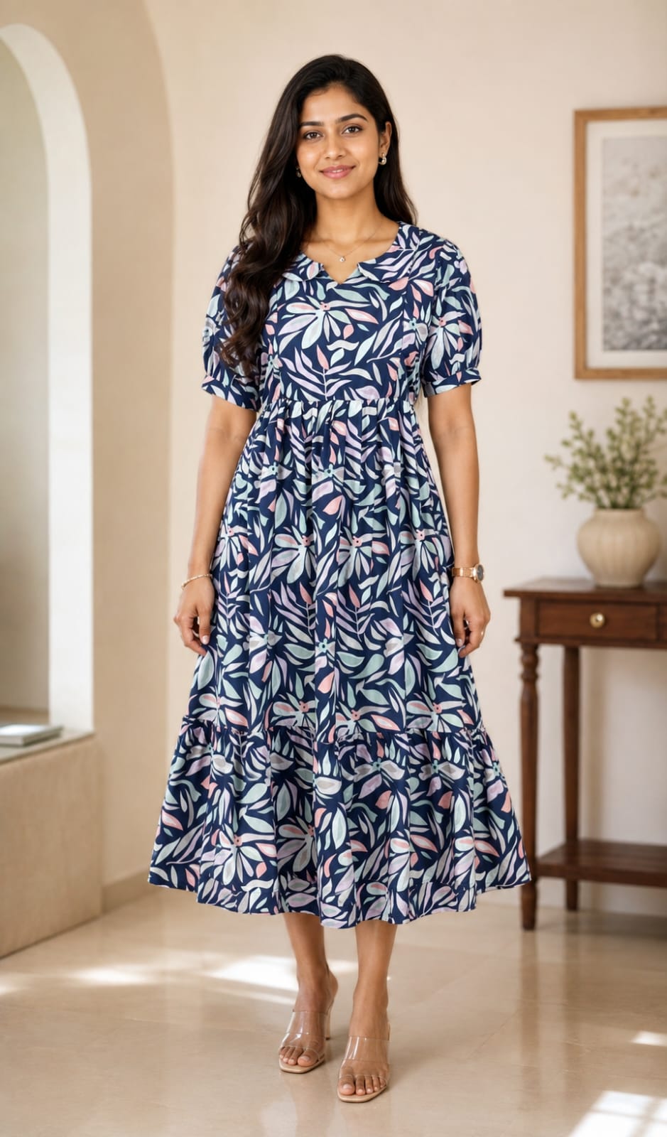 Navy Leafy Printed Blended Cotton Feeding Maxi