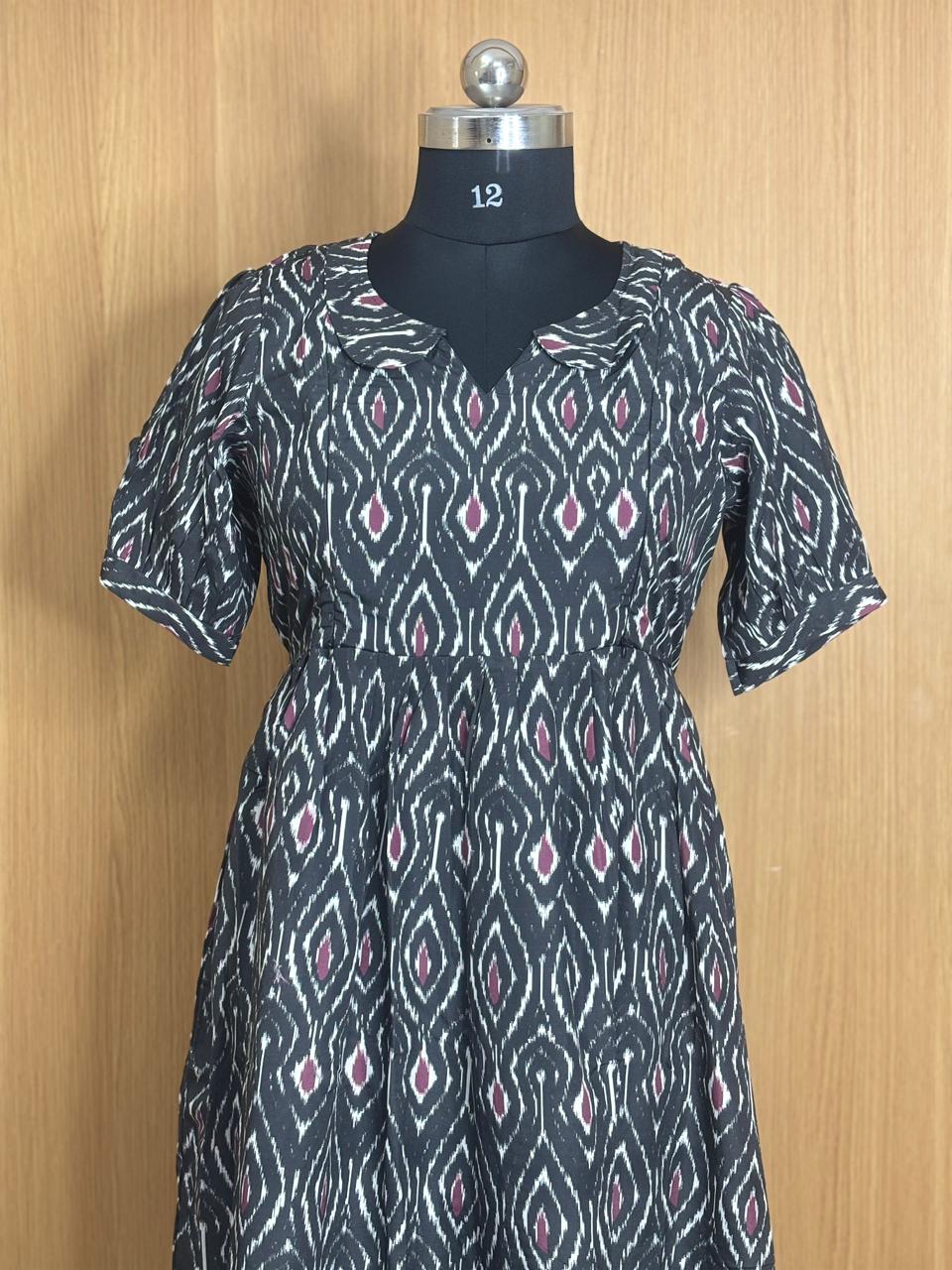 Black Ikat Printed Blended Cotton Feeding Maxi