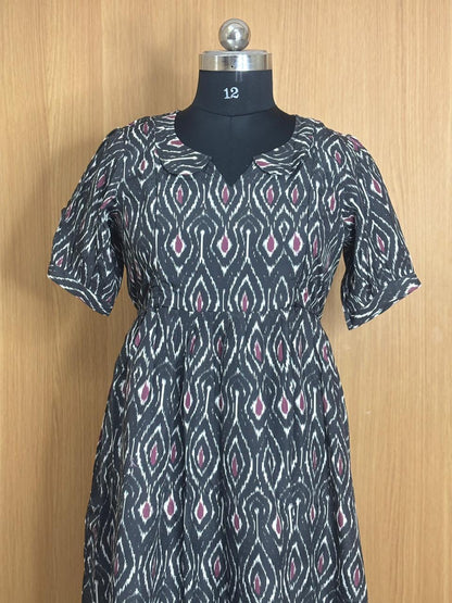 Black Ikat Printed Blended Cotton Feeding Maxi