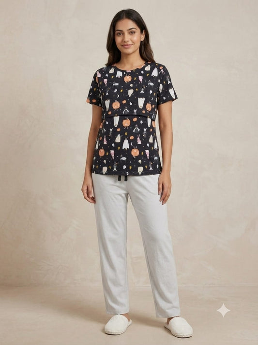 Black Halloween Print Feeding T-Shirt with White Palazzo