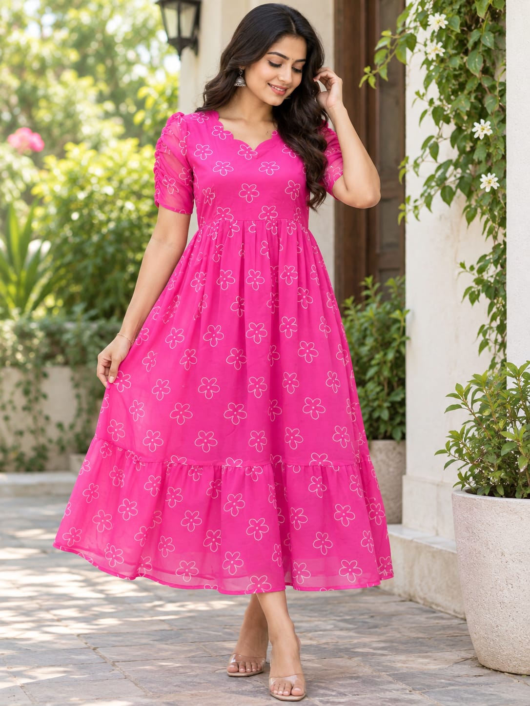 Pink Bloom Floral Printed Georgette Non Feeding Maxi