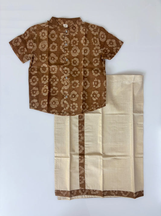 Beige Georgette Printed Boys Ethnic Shirt and Dhoti Set