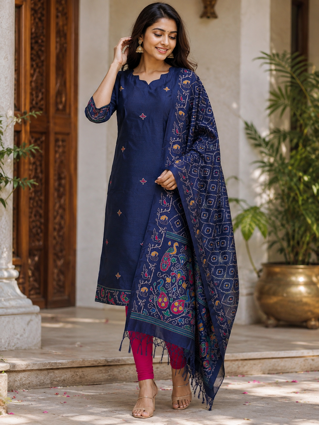 Premium Navy Jamdhani Silk Kurti With Duppata 2 piece set