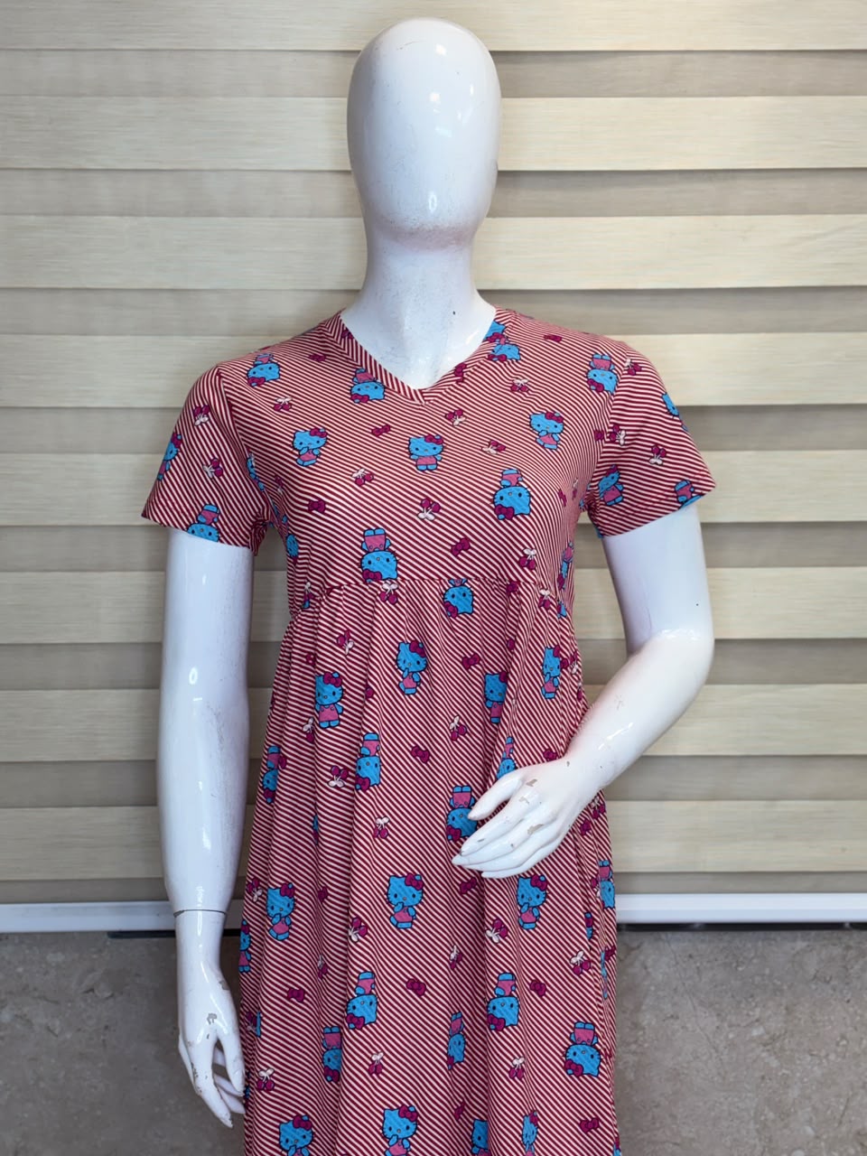 Red Striped Printed Knitted Cotton V-neck Lounge frock