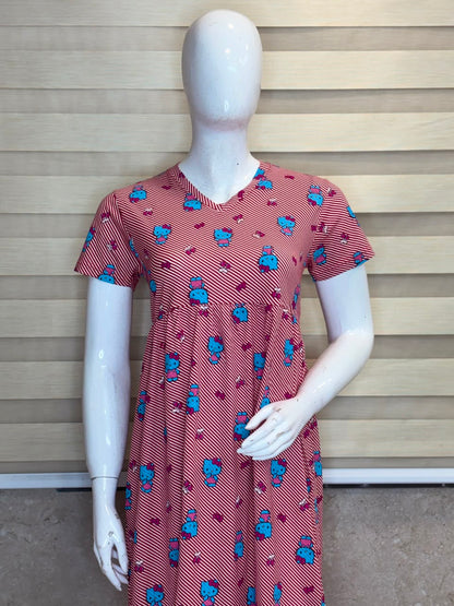 Red Striped Printed Knitted Cotton V-neck Lounge frock