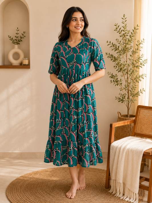 Teal Pink Abstract Print Georgette Feeding Maxi