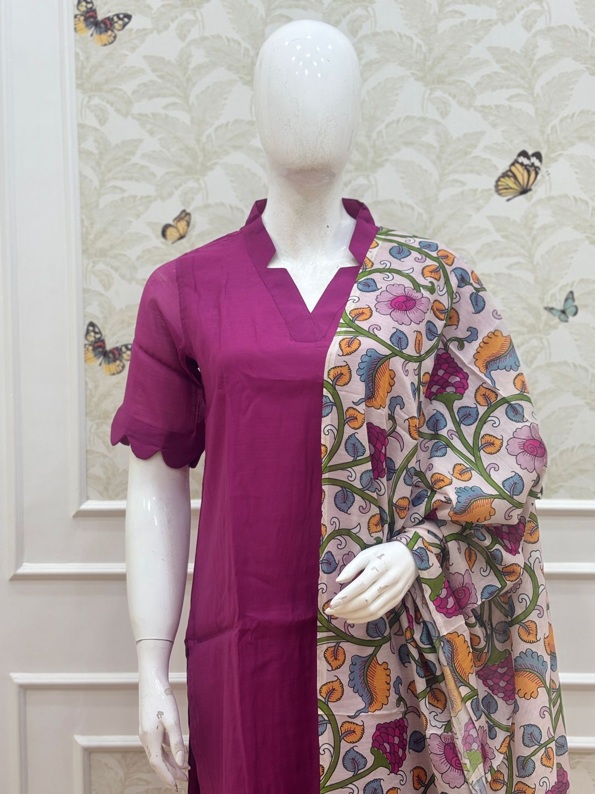 Wine Solid Chanderi Suit With Multicolored Printed Dupatta
