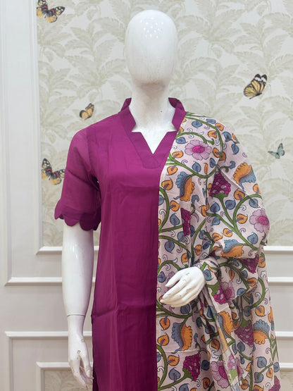 Wine Solid Chanderi Suit With Multicolored Printed Dupatta