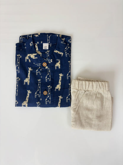 Navy Blue Giraffe Printed Boys Outdoor wear Set