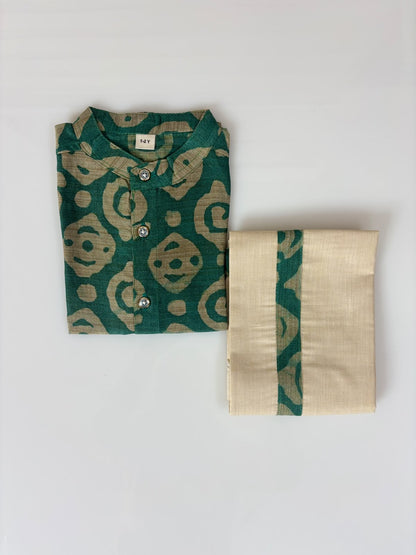Green Geometric Printed Boys Ethnic Shirt and Dhoti Set