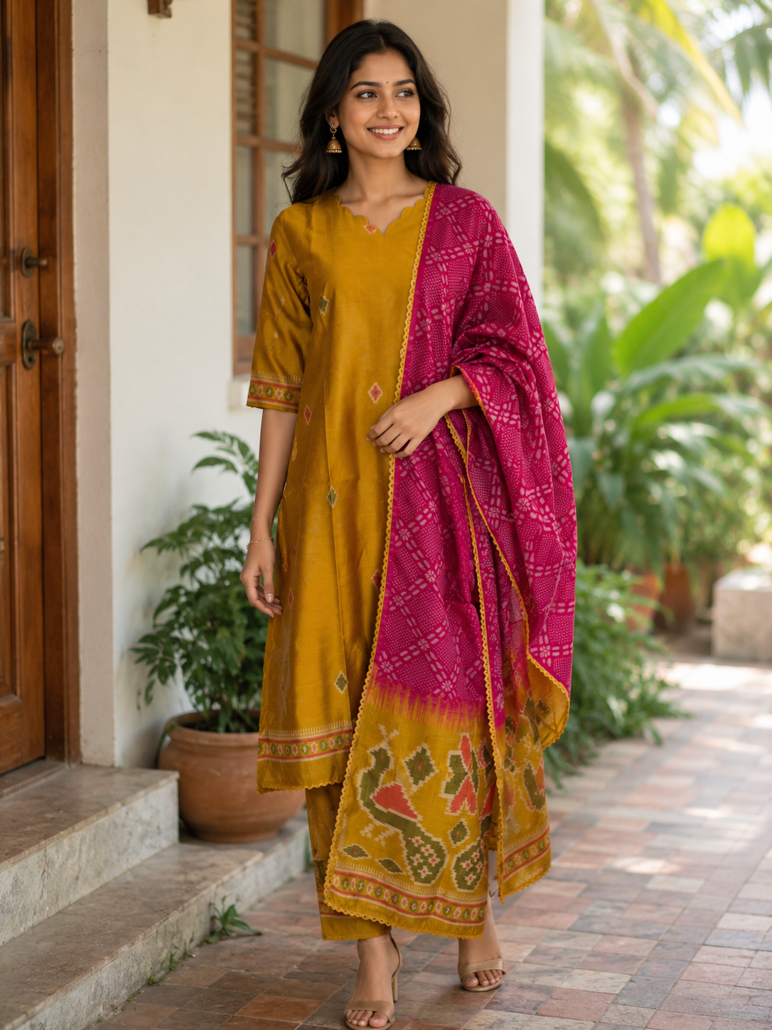 Elegant Yellow Jamdhani Silk Kurta Set With Duppata